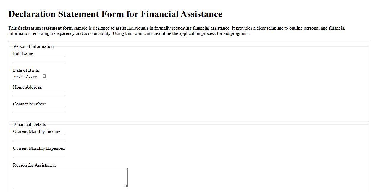 Declaration statement form sample for financial assistance image preview