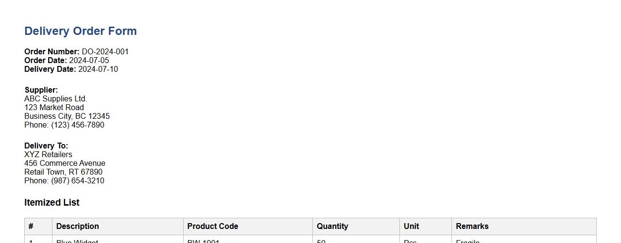 delivery order form sample with itemized list image preview