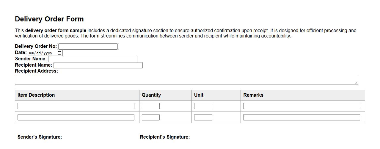 delivery order form sample with signature section image preview