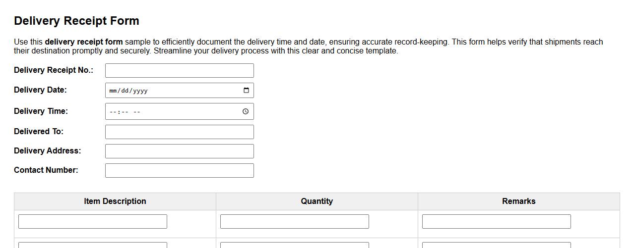 Delivery receipt form sample with delivery time and date image preview