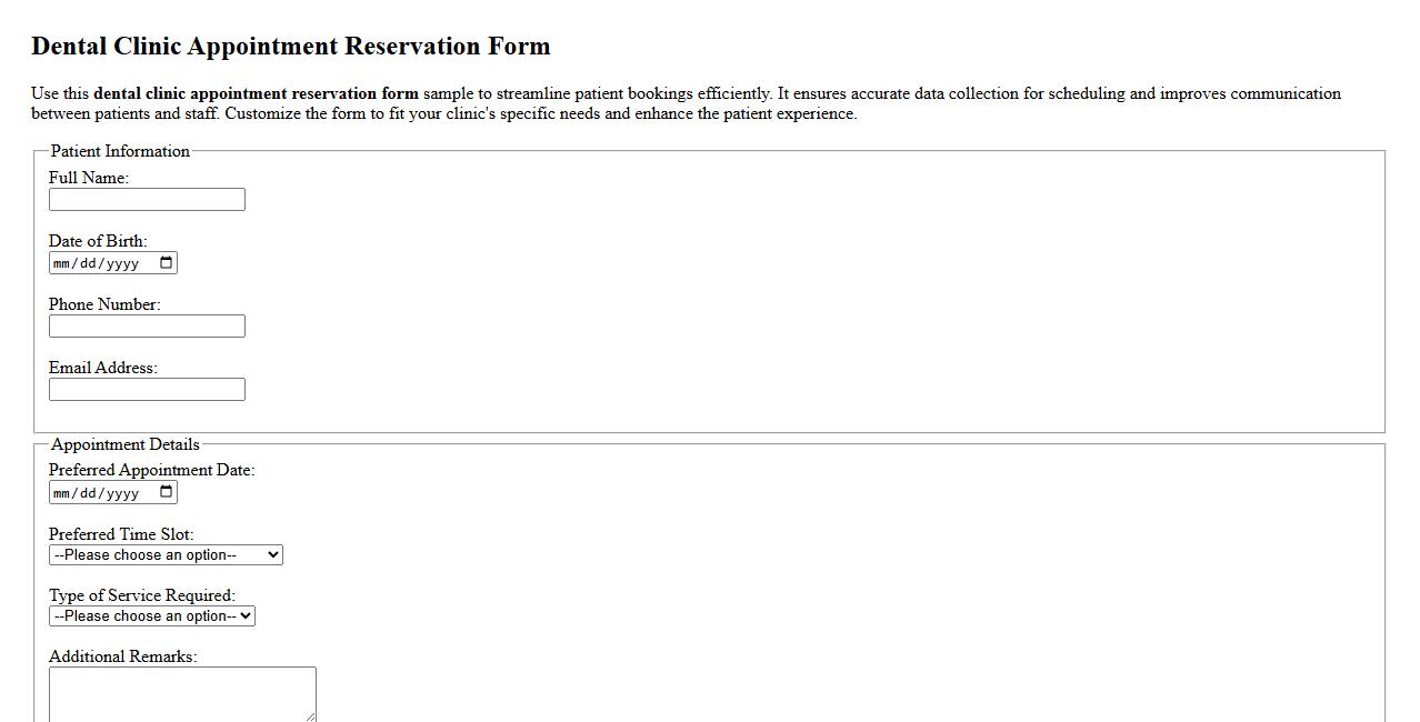 Dental clinic appointment reservation form sample image preview