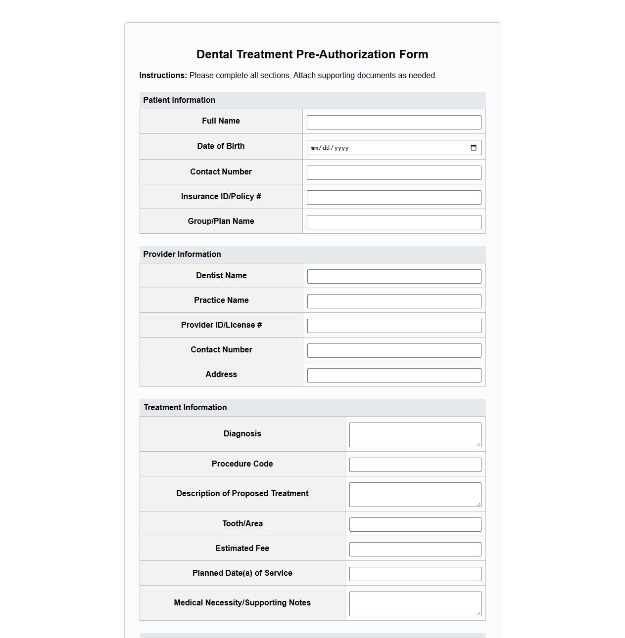 dental treatment pre-authorization form sample template image preview