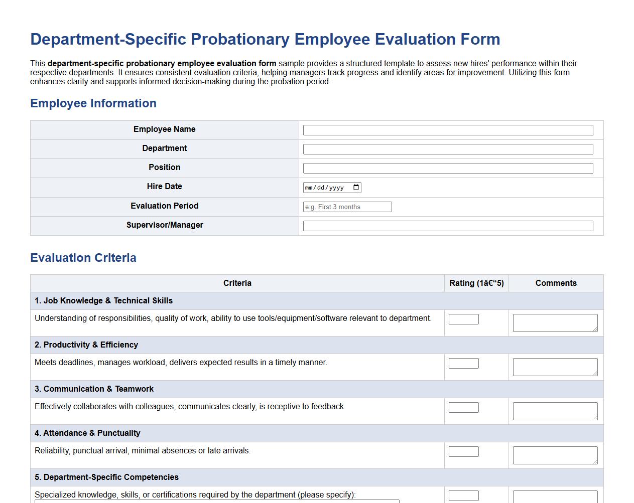 Department-specific probationary employee evaluation form sample image preview