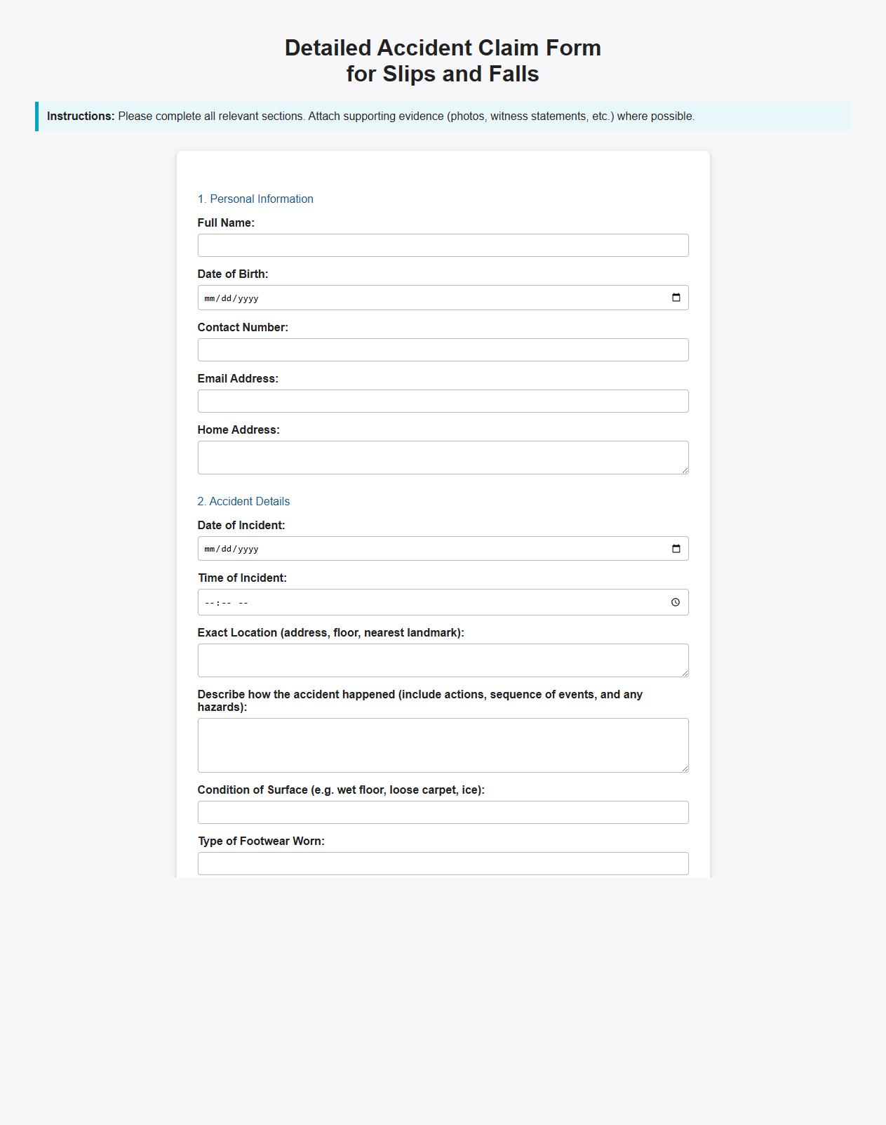 Detailed accident claim form sample for slips and falls image preview