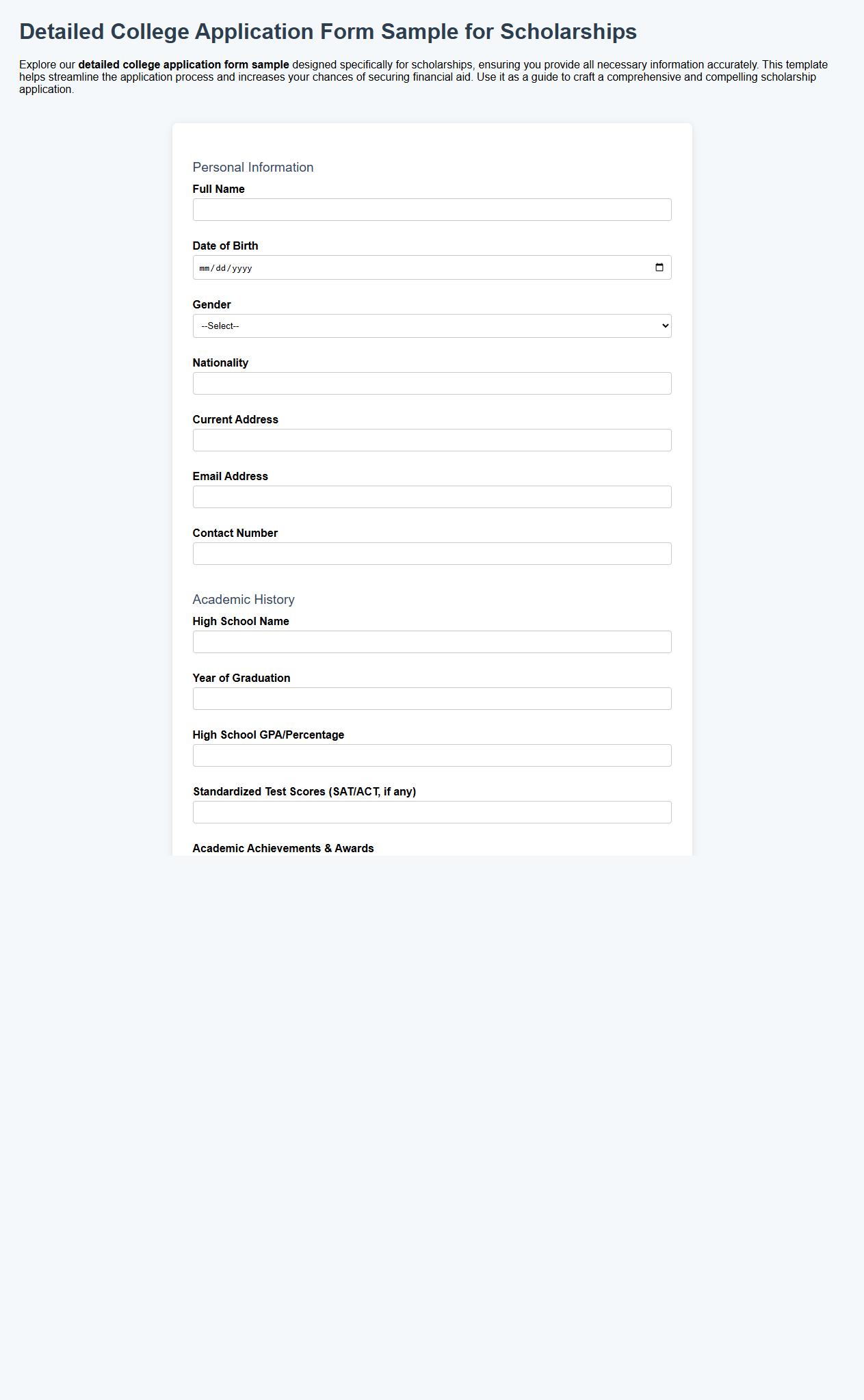 Detailed college application form sample for scholarships image preview