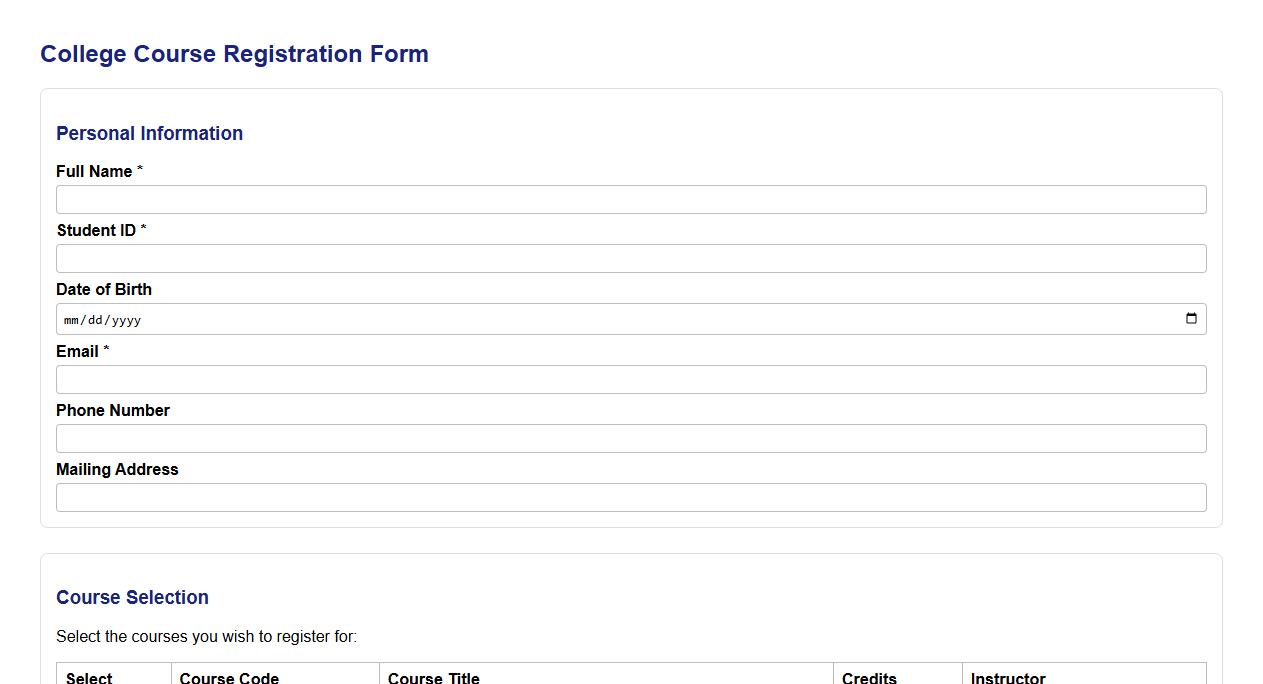 detailed course registration form sample for colleges image preview