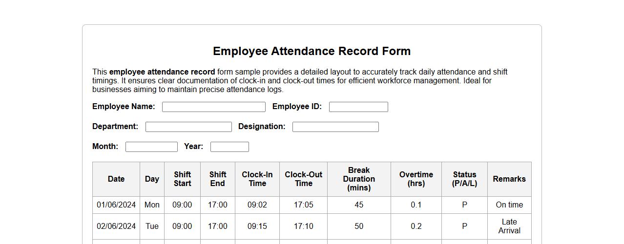 Detailed employee attendance record form sample with shift timing image preview
