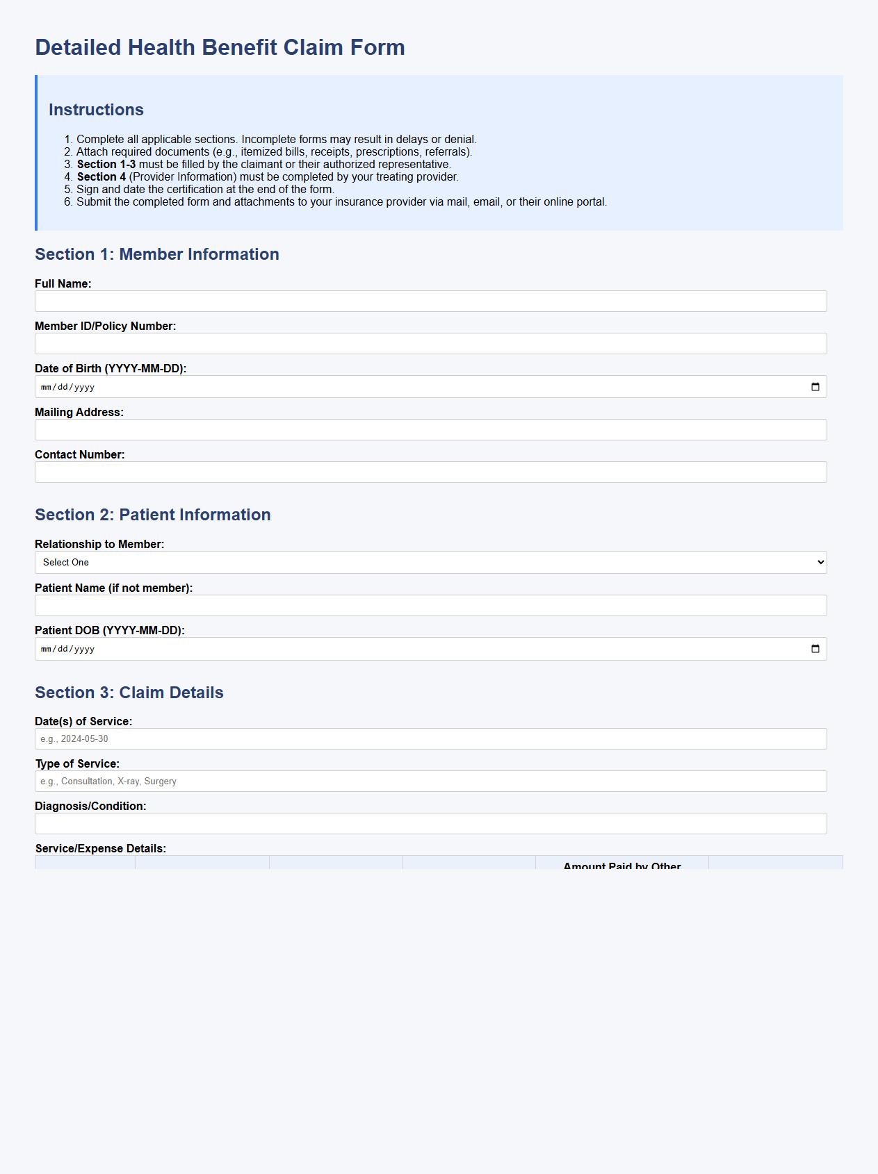 detailed health benefit claim form sample with instructions image preview