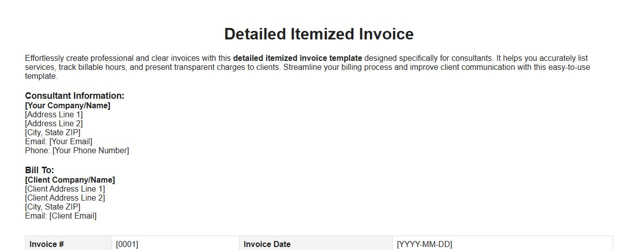 Detailed itemized invoice template for consultants image preview