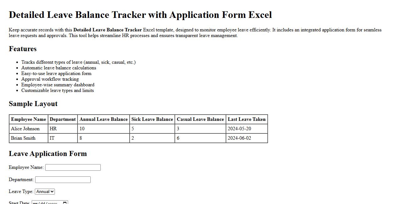 Detailed leave balance tracker with application form Excel image preview
