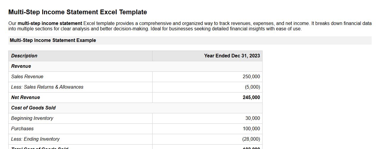 detailed multi-step income statement excel template image preview