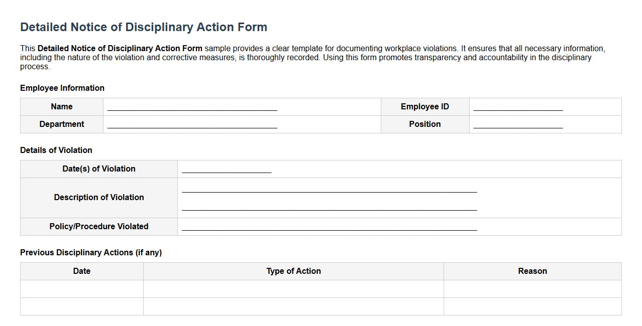 Detailed Notice of Disciplinary Action Form sample for workplace violation image preview