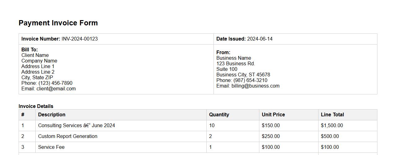 detailed payment invoice form sample with payment terms image preview