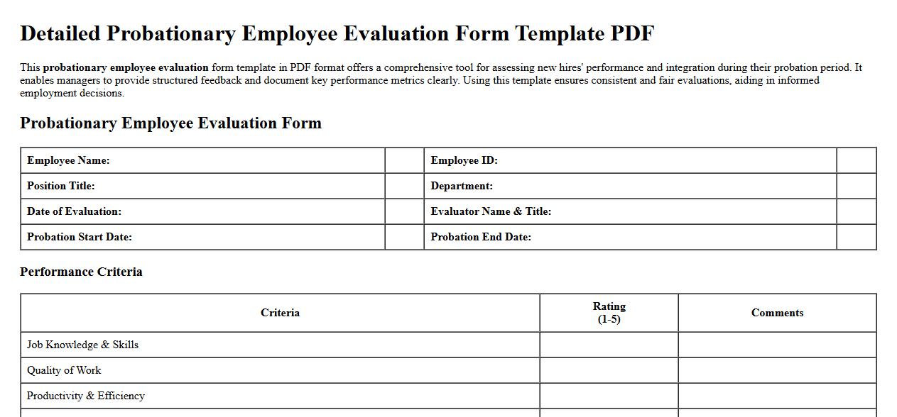 Detailed probationary employee evaluation form template PDF image preview