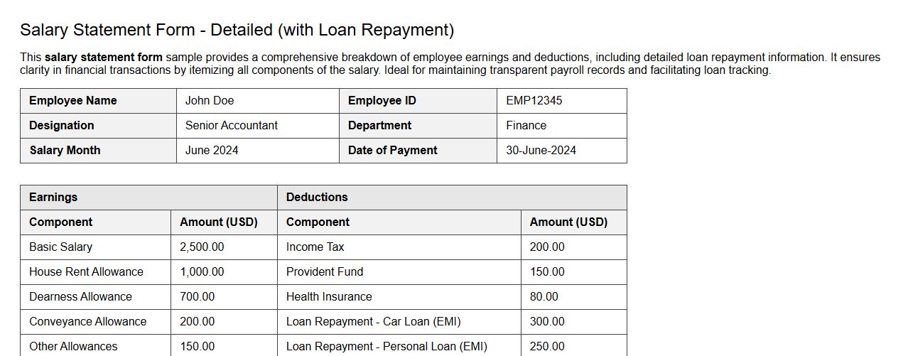detailed salary statement form sample with loan repayment image preview