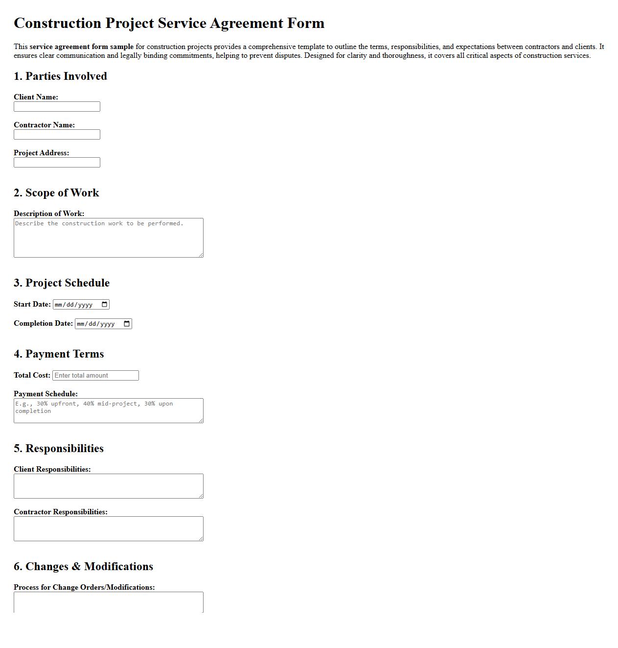detailed service agreement form sample for construction projects image preview