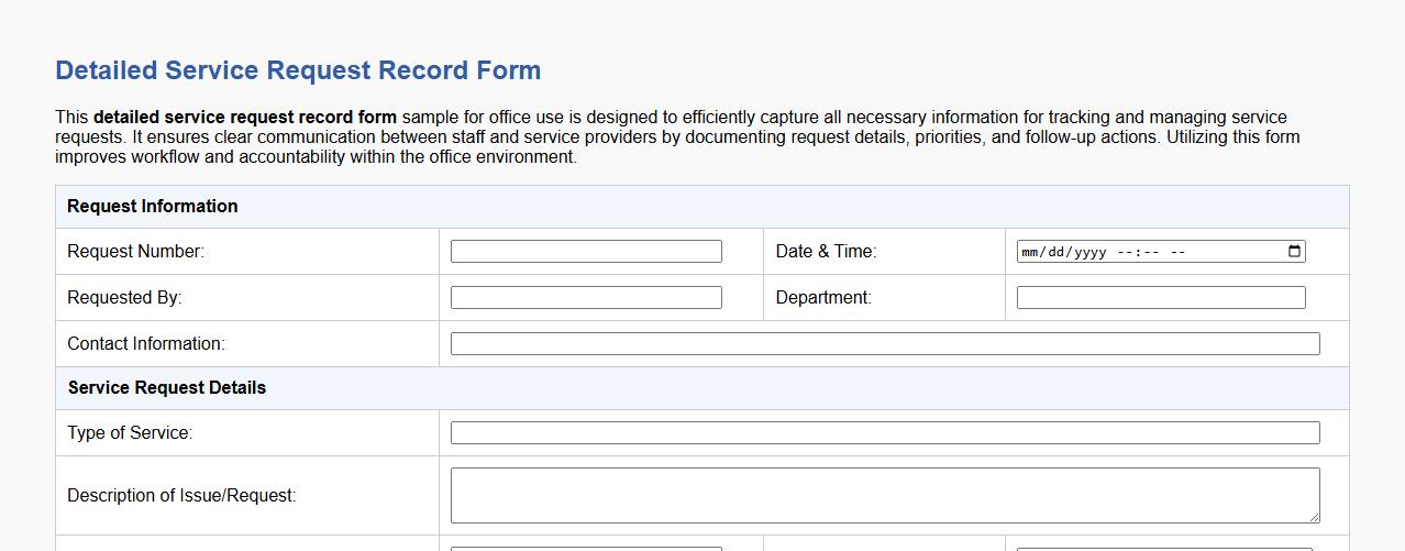 detailed service request record form sample for office image preview