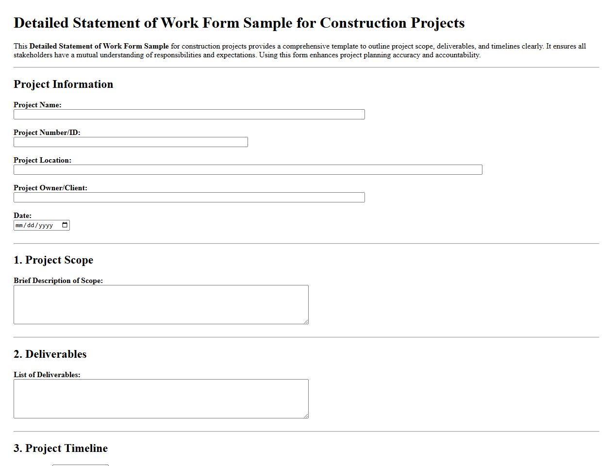 Detailed Statement of Work Form Sample for Construction Projects image preview