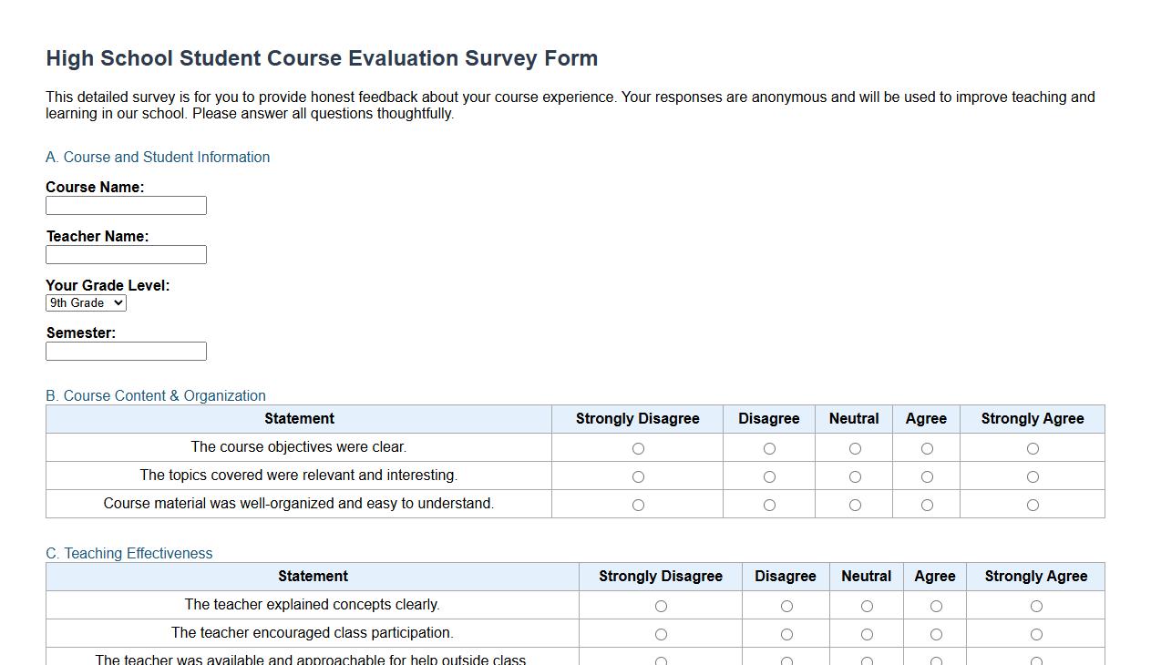detailed student course evaluation survey form sample for high school image preview