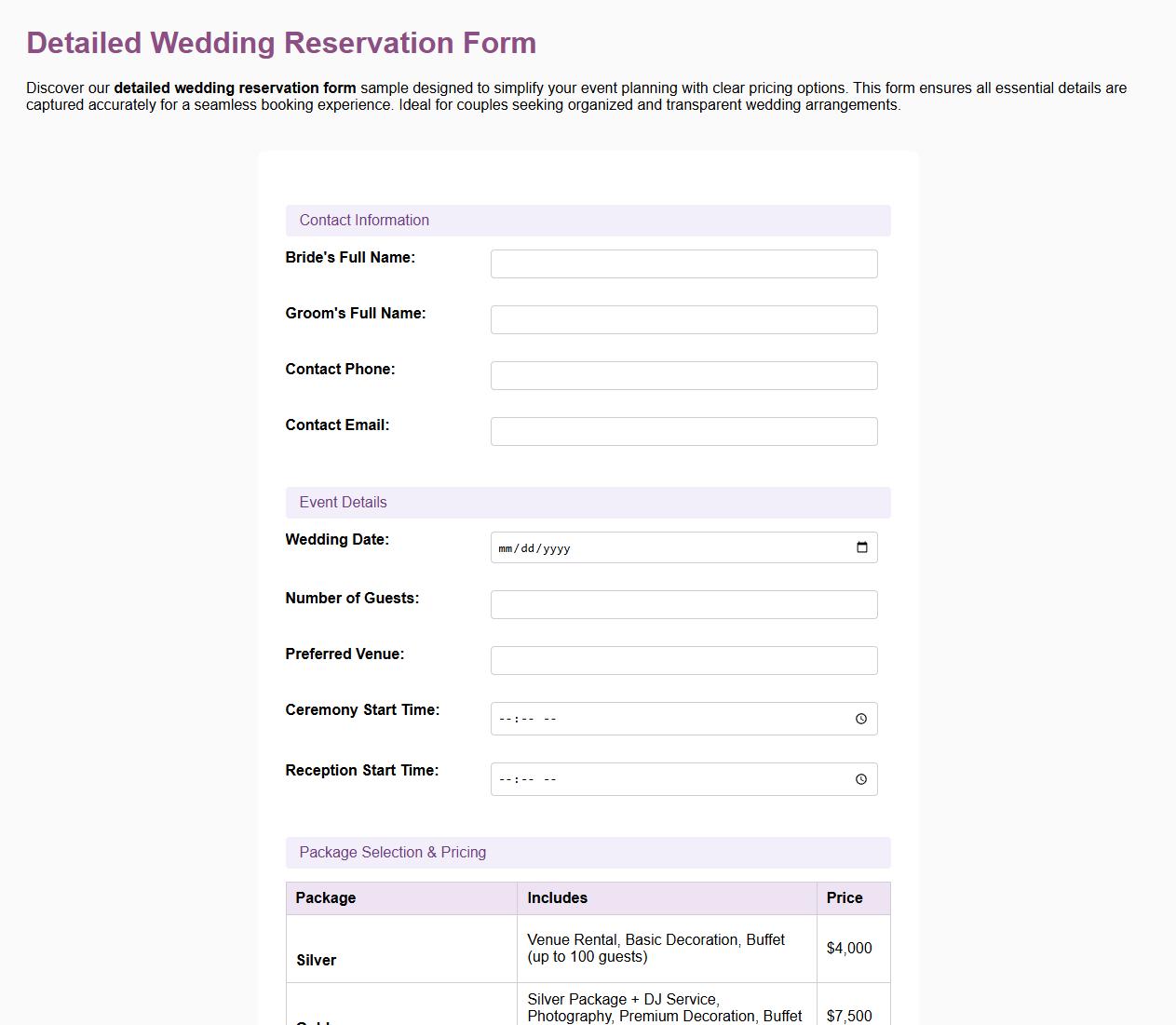 Detailed wedding reservation form sample with pricing image preview