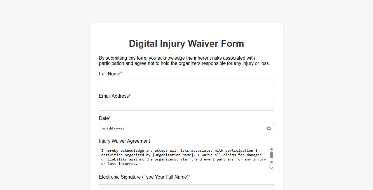 Digital injury waiver form sample with electronic signature image preview
