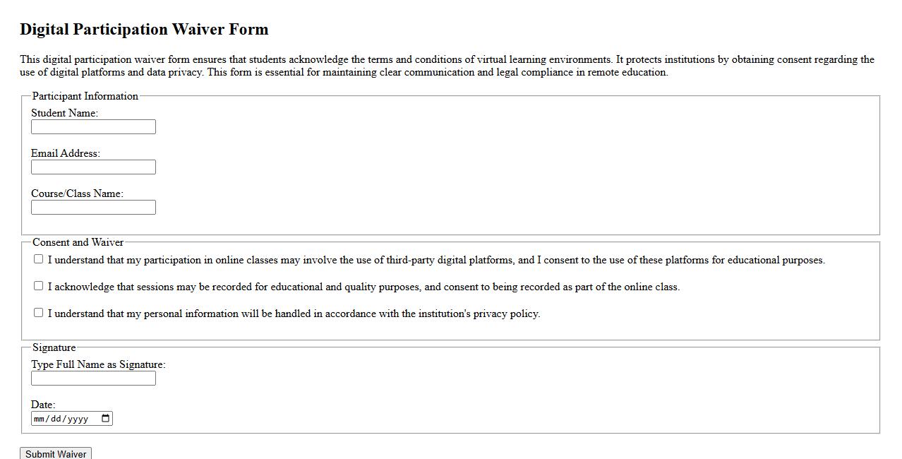 digital participation waiver form sample for online classes image preview