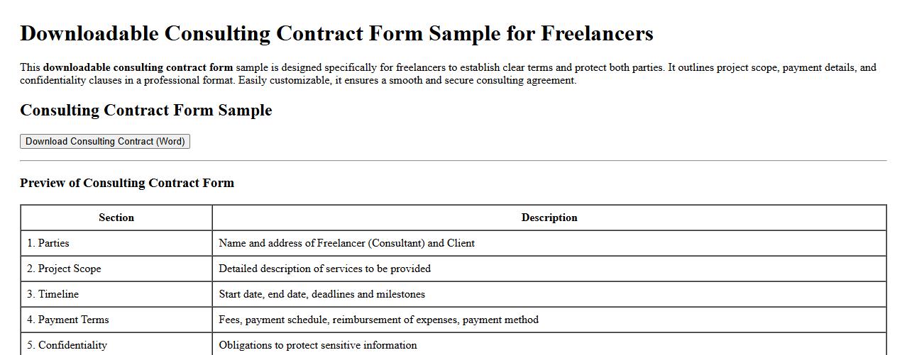 downloadable consulting contract form sample for freelancers image preview