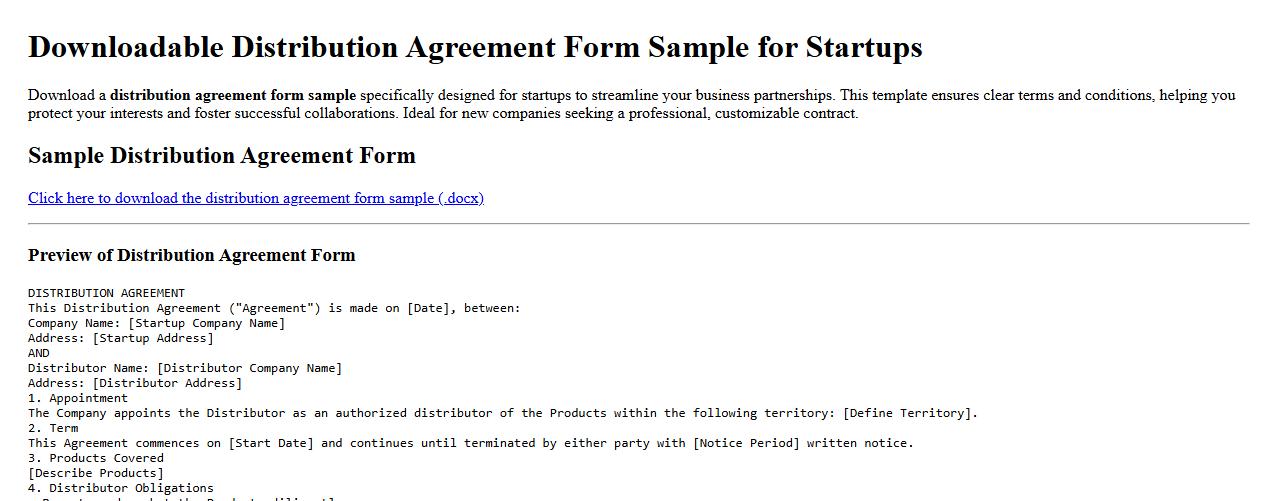 downloadable distribution agreement form sample for startups image preview