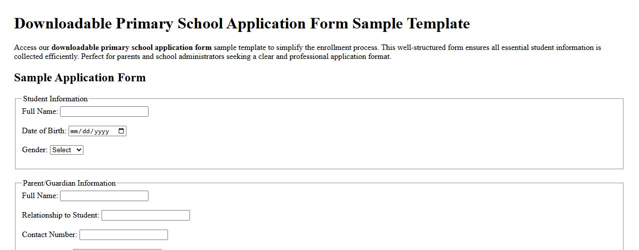 Downloadable primary school application form sample template image preview