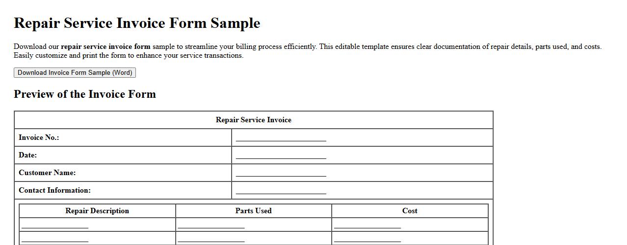 downloadable repair service invoice form sample image preview