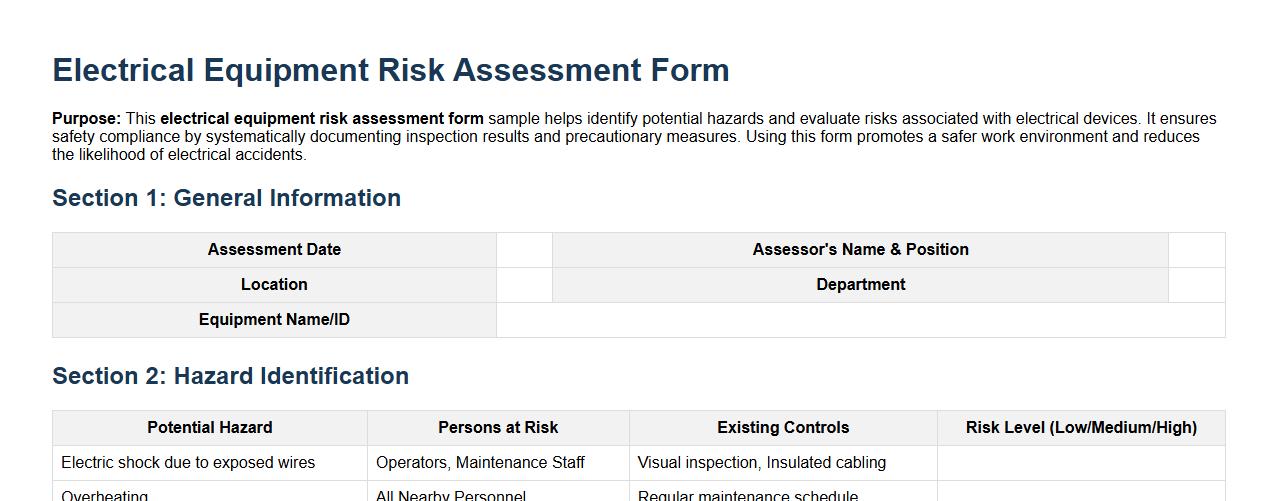 Electrical equipment risk assessment form sample image preview