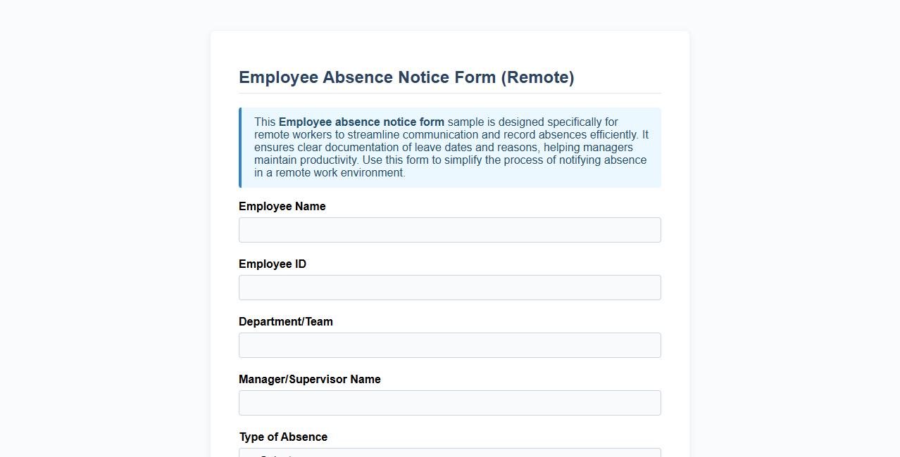 Employee absence notice form sample for remote workers image preview