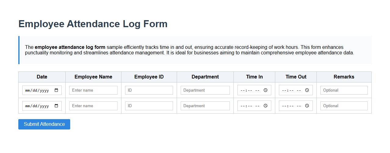 Employee attendance log form sample with time in and out image preview