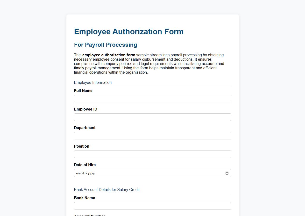 Employee authorization form sample for payroll processing image preview