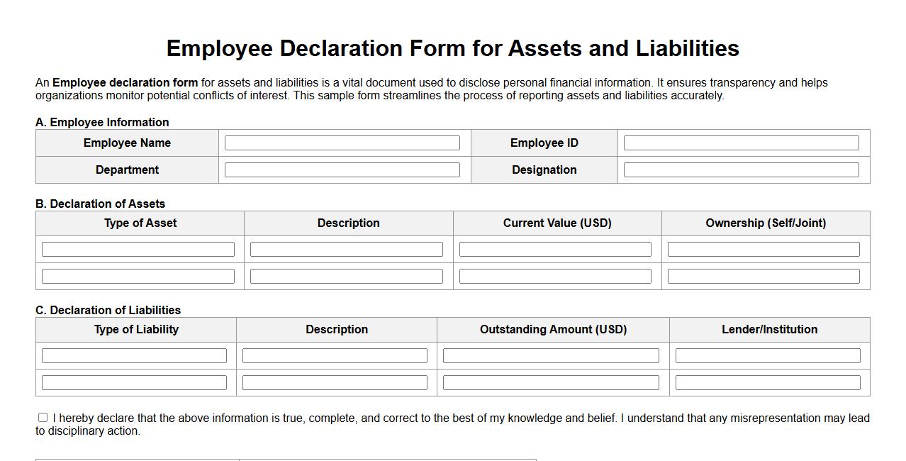 Employee declaration form sample for assets and liabilities image preview