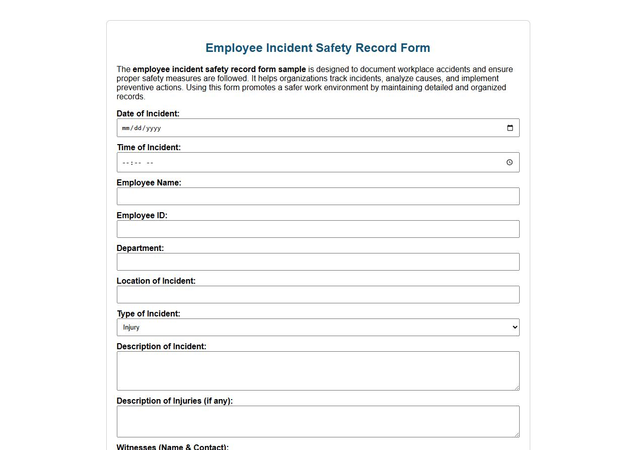 employee incident safety record form sample image preview