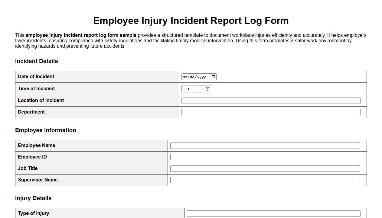 employee injury incident report log form sample image preview