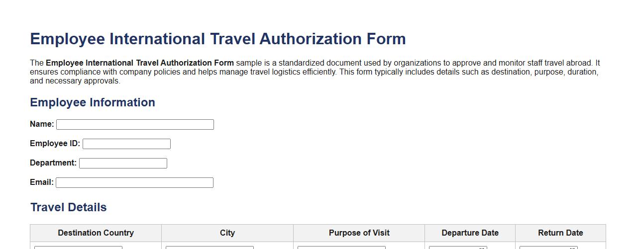 Employee international travel authorization form sample image preview