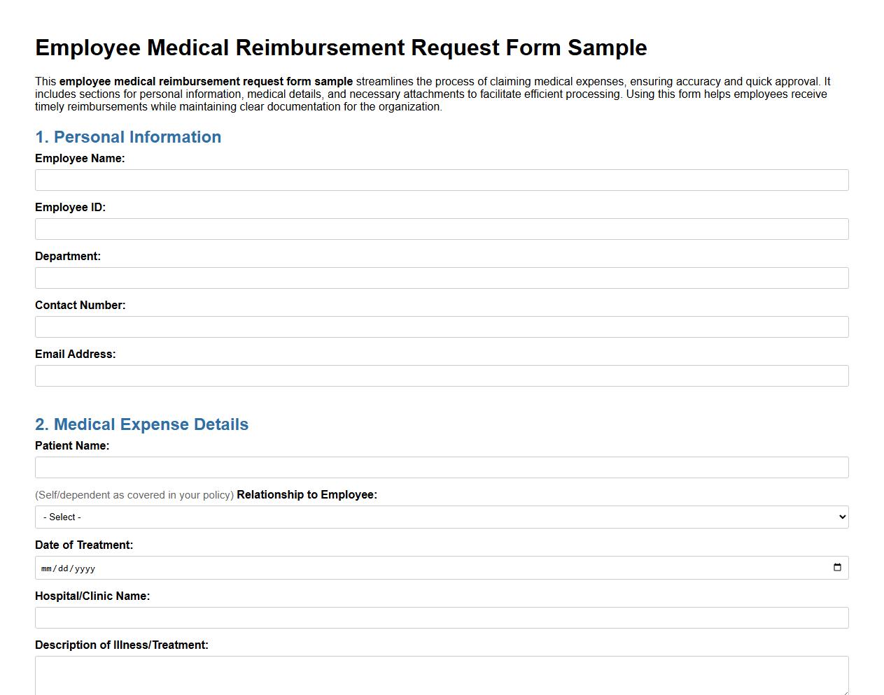 employee medical reimbursement request form sample image preview