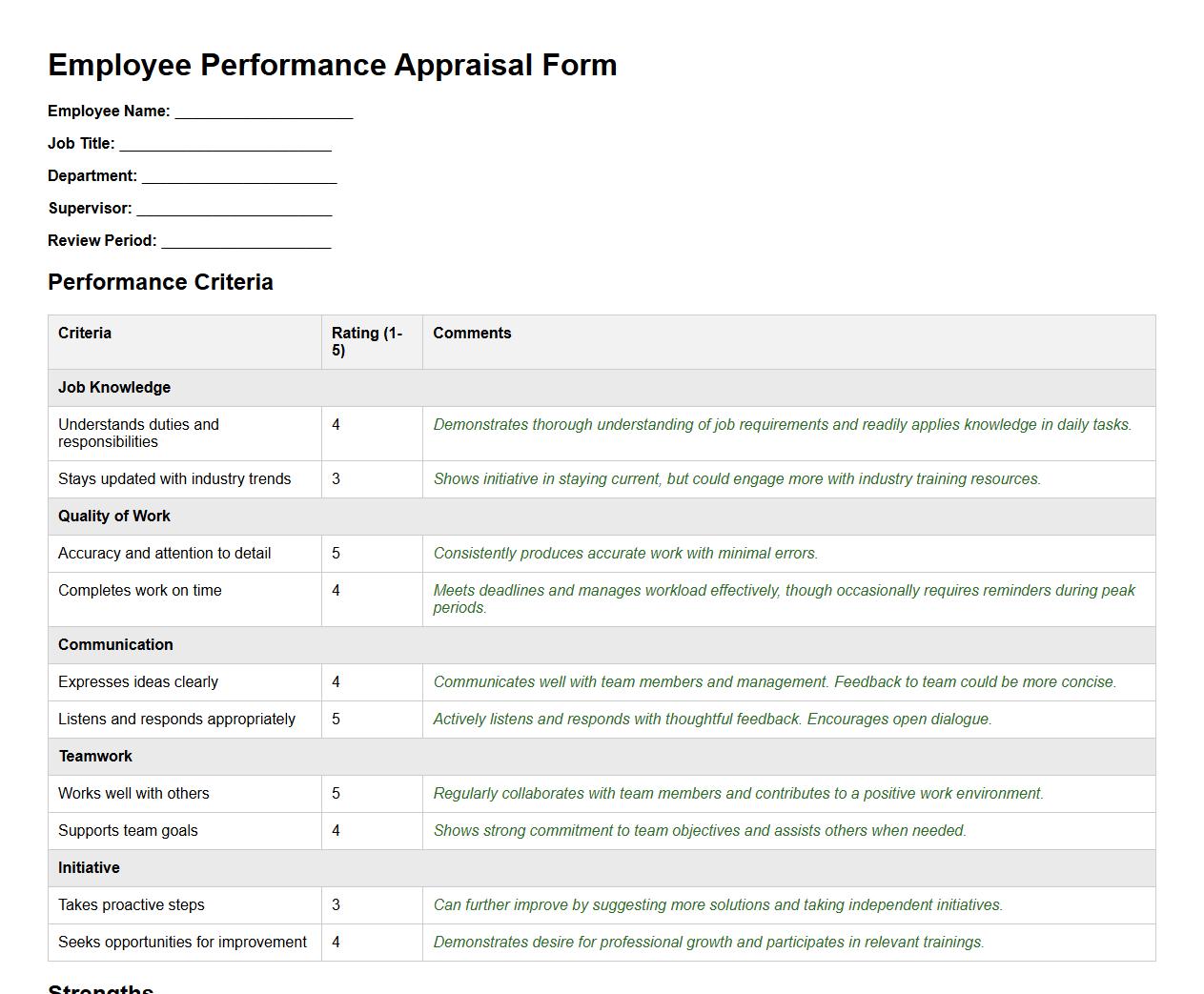 employee performance appraisal form sample with comments image preview