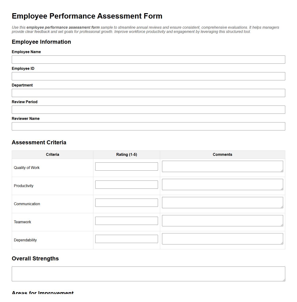 Employee performance assessment form sample for annual reviews image preview