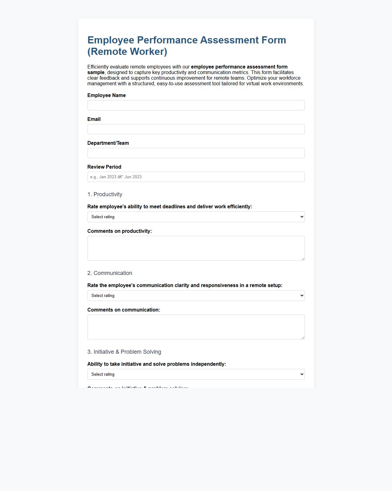 employee performance assessment form sample for remote workers image preview