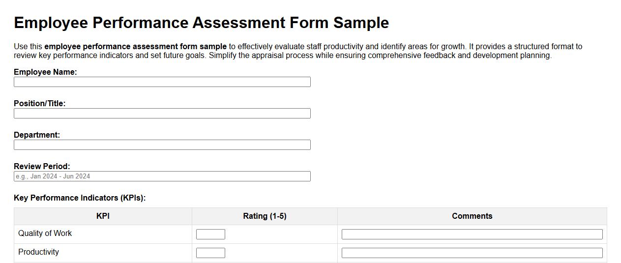 employee performance assessment form sample image preview