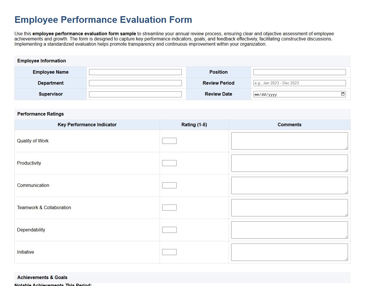 Employee performance evaluation form sample for annual review image preview
