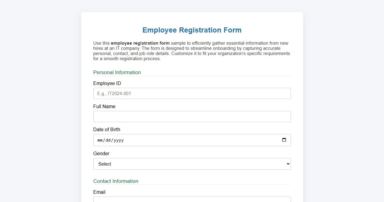 Employee registration form sample for IT company image preview