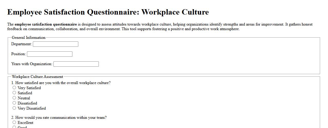 Employee satisfaction questionnaire addressing workplace culture image preview