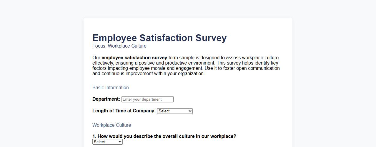 Employee satisfaction survey form sample focusing on workplace culture image preview