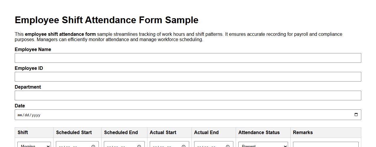 Employee shift attendance form sample image preview
