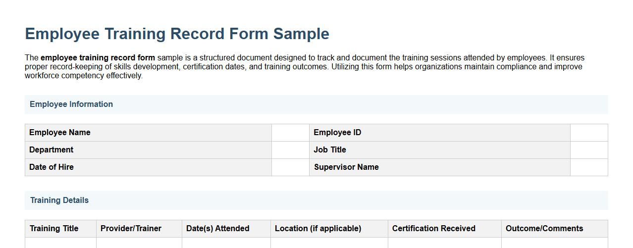 employee training record form sample image preview