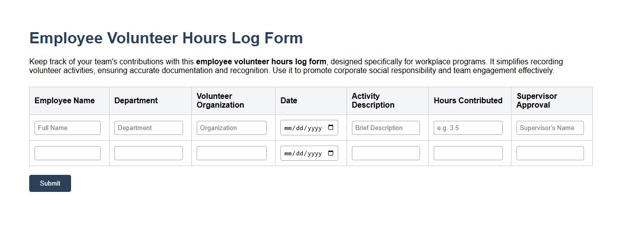 Employee volunteer hours log form sample for workplace programs image preview